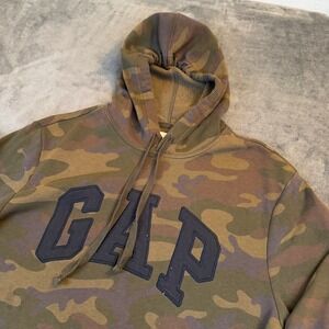 Gap Logo Hoodie Mens Medium Green Camo Fleece Pullover Sweatshirt